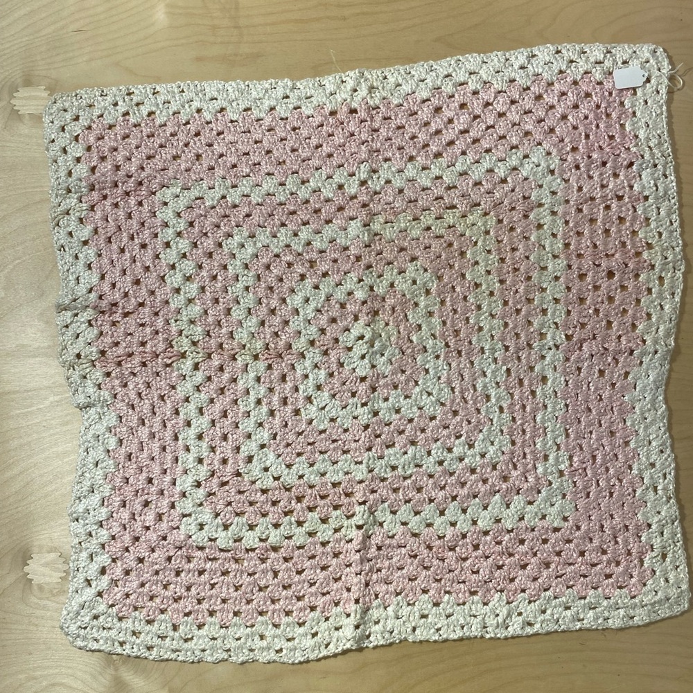 Pink and Cream Crochet Granny Square Baby Blanket (OV)